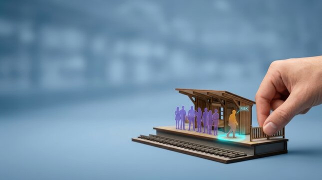 Person holding a miniature house to represent customer churn prediction with a model train platform visualization