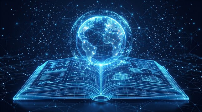 Futuristic Digital Open Book with Holographic Glowing Earth Globe Representing Global Knowledge and Education in a Space Network Background