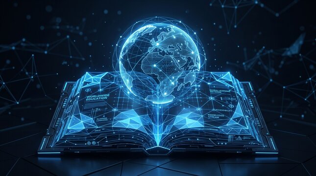 Futuristic digital book glowing with a holographic globe and network connections, symbolizing knowledge and technology