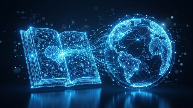 Artificial Intelligence and Online Learning Background with Blue Digital Book Connected to Global Network and World Map
