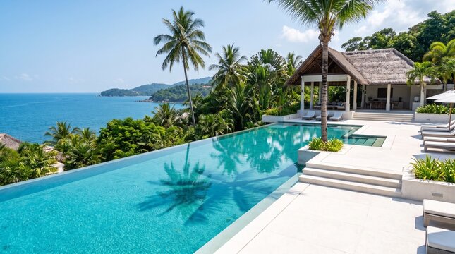 Luxury infinity swimming pool with clear turquoise water, palm tree reflections and ocean view, overlooking tropical coast, sunny day, travel and architecture photography