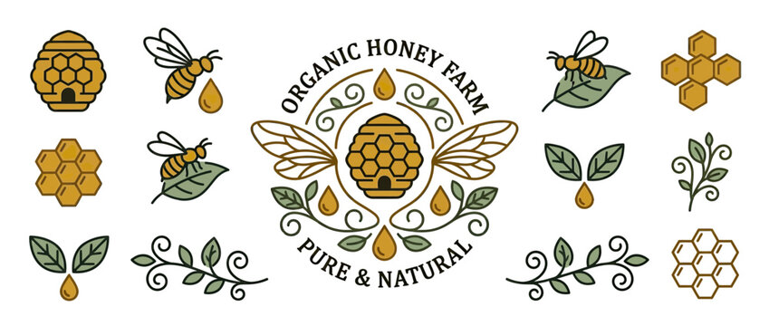 Organic Farm Honey Bee Emblem with Hive and Honeycomb Icons