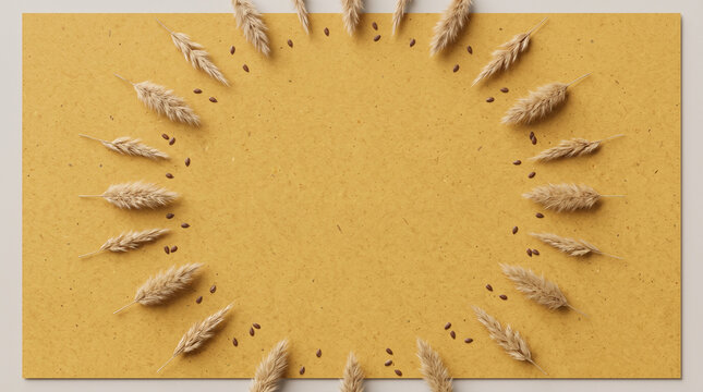 Golden wheat ears and grains oval frame on kraft paper background with central copy space for bakery and harvest design