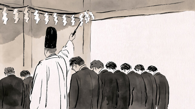 仕事始め 昇殿参拝で神職のお祓いを受け頭を下げる社員たち