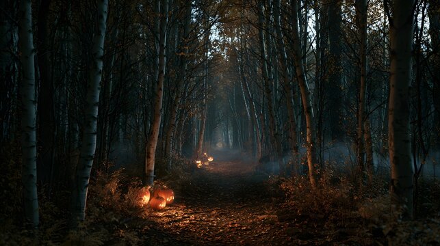 Spooky dark forest path at night with glowing jack o lantern pumpkins and mist for halloween background