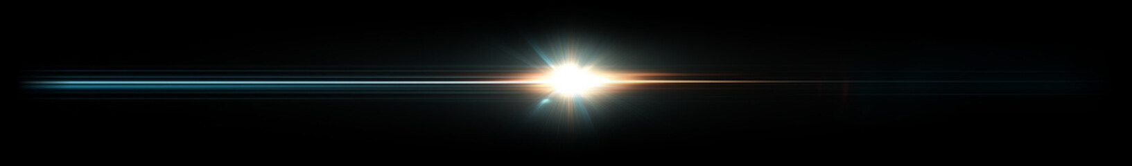 Horizontal blue and golden anamorphic lens flare light effect on a black background © Nokkz