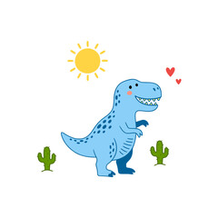 Cute Blue T-Rex Dinosaur with Sun and Cactus Flat Design Vector Illustration © TLIST