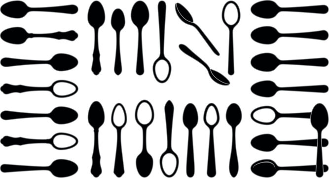 Spoon Silhouette Vector Flat Icon Set Featuring Diverse Forms for Eating Kitchen Cutlery Fine Dining Catering Cookware And Asian Soup Utensils