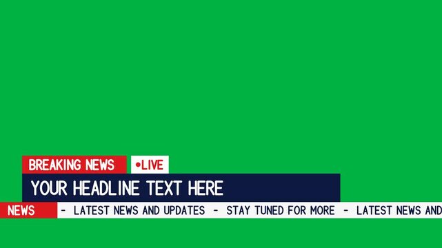 Breaking news lower third with red tag, blinking live sign, navy headline bar and scrolling ticker text on a green screen