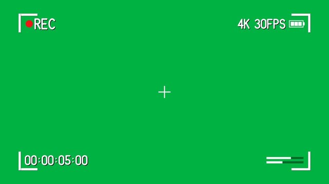 Camera viewfinder overlay with corner brackets, blinking red rec dot, timecode, battery icon, audio meter and crosshair
