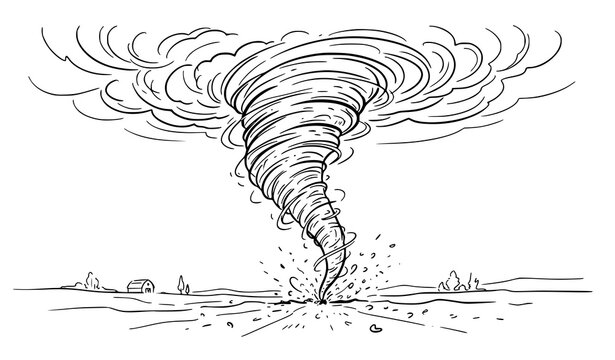 Hand drawn black and white tornado vector illustration over open countryside landscape with swirling funnel cloud, flying debris and dramatic storm clouds, outline sketch for weather designs
