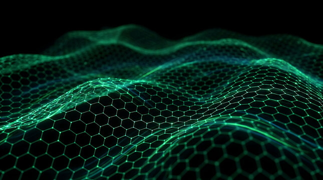 Green glowing hexagonal mesh grid flowing on a dark background