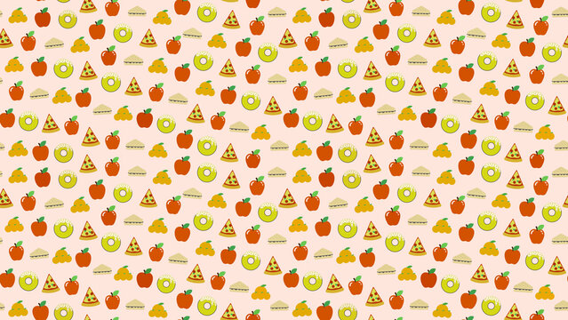 Food pattern with apples, donuts, pizza, and pie slices