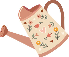 Illustration of a vintage-style cream watering can decorated with a charming, rustic floral pattern in pastel colors shades, on a transparent background. © Anita Permatawaty