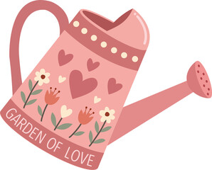 Illustration of a vintage-style watering can decorated with a charming, rustic floral pattern, with pink shades on a transparent background. © Anita Permatawaty
