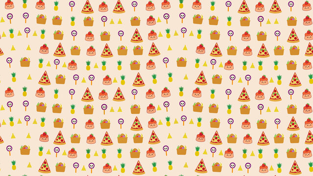 Seamless pattern of cartoon food and skull icons