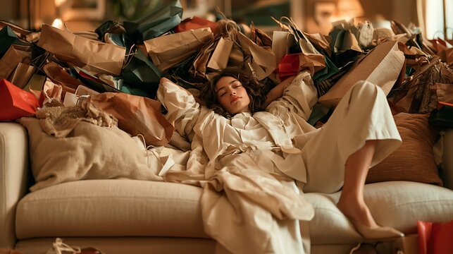 Humor lighthearted and relatable humorous Black Friday concept, person collapsed dramatically on sofa surrounded by mountain of shopping bags from all sides, shoes off, coat still on, expression 