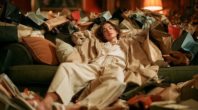 Humor lighthearted and relatable humorous Black Friday concept, person collapsed dramatically on sofa surrounded by mountain of shopping bags from all sides, shoes off, coat still on, expression 