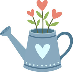 Illustration of a light blue watering can acting as a vase for heart-shaped plants. © Anita Permatawaty