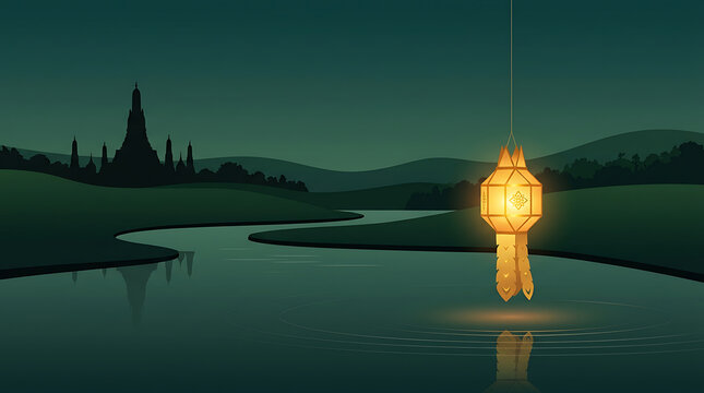 Ornate floating lantern over quiet river at night