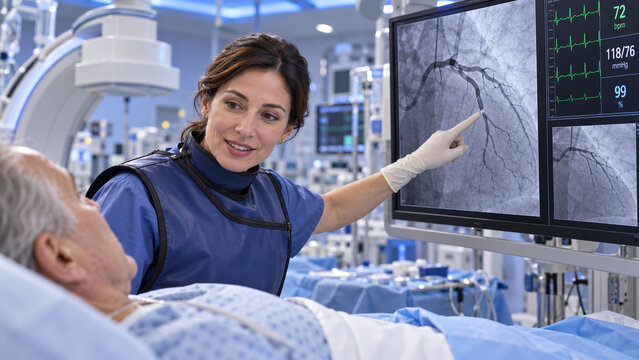 Female cardiologist explaining coronary angiogram results to senior patient