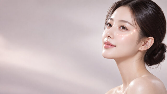 Beautiful Asian woman with glowing skin showing under eye skincare treatment