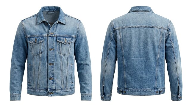 Classic Blue Denim Jacket Front and Back View Isolated on White