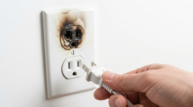 Burnt electrical outlet with a hand holding a plug