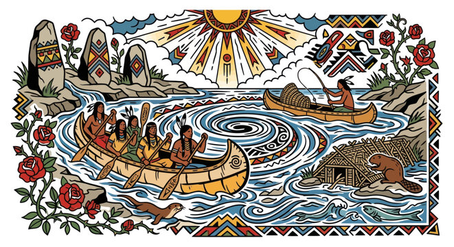 Native American River Scene with Canoes and Traditional Art