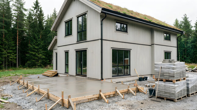 Modern house construction with green roof and fresh concrete patio foundation in forest setting