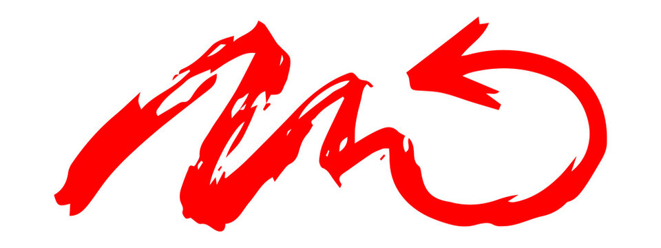 Red hand drawn curly wavy arrow pointing right direction path movement freehand doodle illustration transparent background