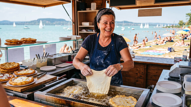 Happy vendor frying traditional Hungarian langos dough at a lakeside stall