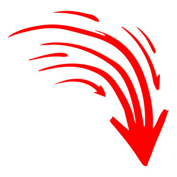 Red Curved Arrows Pointing Down Hand Drawn Directional Symbols for Decline, Decrease, and Business Chart Concepts