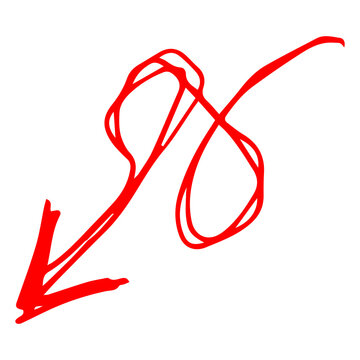 Red hand drawn curly looped arrow pointing downward left direction sketch freehand doodle illustration transparent background