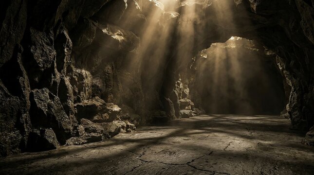 Sunlight beams entering a dark cave illuminating dust particles and rocky formations