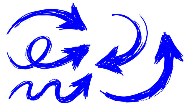 Blue Hand Drawn Curved Arrows Set Grunge Brush Sketch Directional Symbols for Navigation, Growth, and Creative Design Projects
