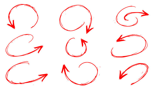 Red Hand Drawn Curved Arrow Collection, Transparent Background Illustration Set, Commercial Use Graphics