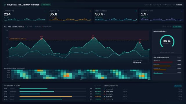 Iot anomaly monitoring dashboard with live sensor data vibration detection, for predictive maintenance, real-time analytics, smart factory automation in 4k