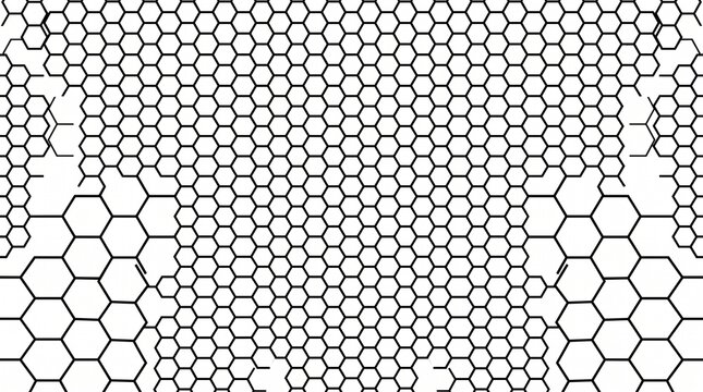 Complex honeycomb geometric pattern featuring intricate black hexagonal grid lines arranged seamlessly on a clean minimalist white background creating digital abstract art texture
