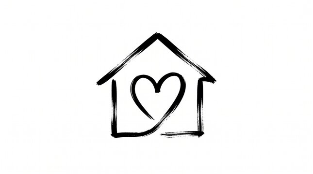 Minimalist black brush stroke house outline icon featuring central heart shape symbol representing domestic love and residential safety concept rendered in clean minimalist style vector graphic