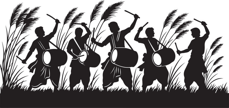 Group of dhaki drummers performing traditional dance in kash phool field for durga pujo art.