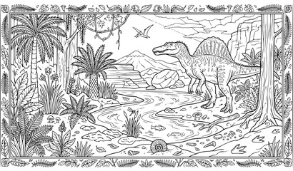 Prehistoric Dinosaur Jungle Coloring Page with River, Tropical Plants and Dinosaur Illustration © Nibaron
