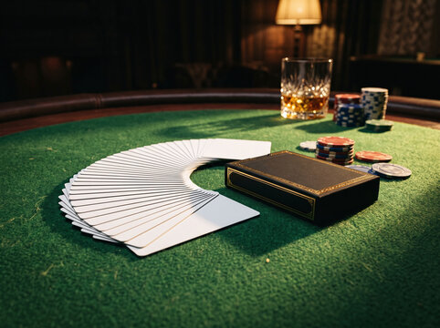 Blank playing cards fanned on green felt poker table with chips and whiskey