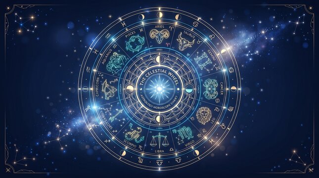 Intricate astrological circle wheel featuring glowing zodiac signs horoscope symbols constellations moon phases and sacred geometry patterns floating inside a deep cosmic dark blue galaxy space