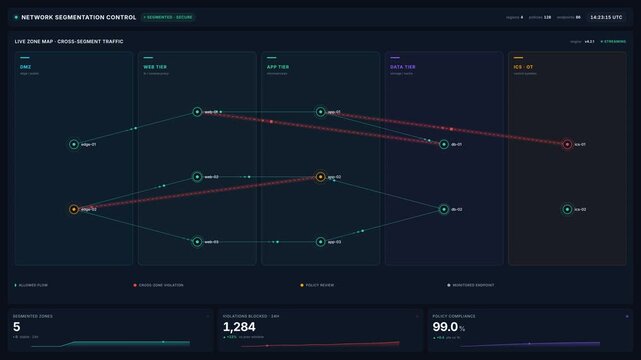 Network segmentation control dashboard with live zone map, cross-segment traffic blocked violations, for zero trust security, compliance risk monitoring in 4k