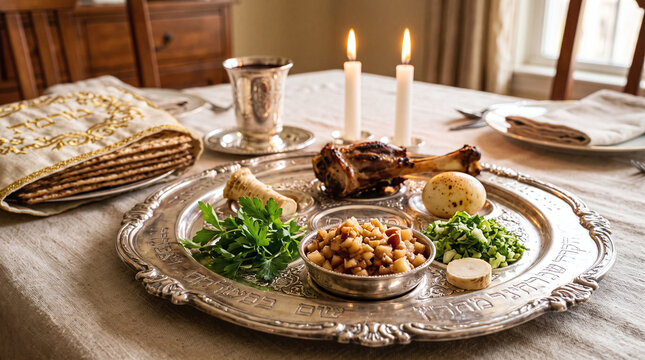 Traditional Jewish Passover Seder plate with symbolic foods on festive table