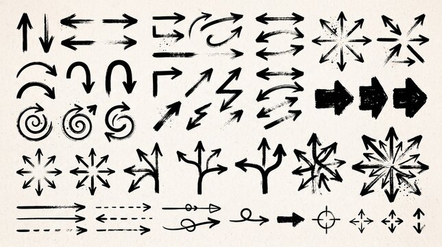 Hand drawn ink arrows set featuring grunge textures and dynamic directions for creative graphic design projects on light paper background