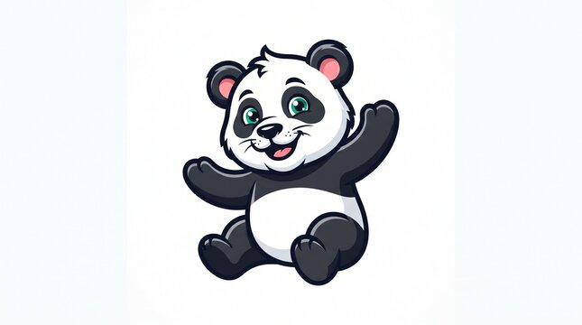 Cute baby panda sitting happy, green eyes, pink ears, black white fur, arms raised joyful, playful cartoon mascot logo on white background