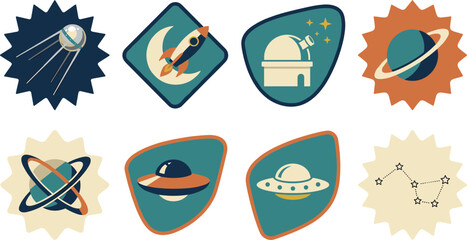 Retro Space Exploration Sticker Badge Set with Sputnik Satellite Rocket Ship Observatory Telescope Saturn Planet UFO and Big Dipper Constellation © MstRabeya