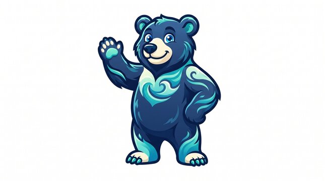 Cute navy blue bear standing and waving, light blue tribal swirl patterns on fur, bright blue eyes, friendly smile, cartoon mascot illustration on white background